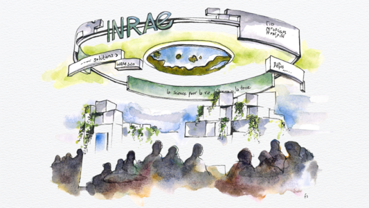 Dessin à l'aquarelle du stand INRAE au Salon de l'Agriculture 2026